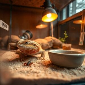Bearded dragon looking after a bearded dragon, poised on sand, eyeing a cricket near a ceramic dish in a cozy terrarium.