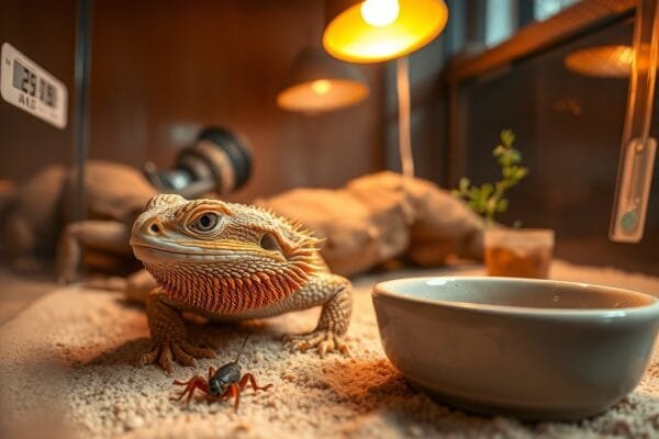 Bearded dragon looking after a bearded dragon, poised on sand, eyeing a cricket near a ceramic dish in a cozy terrarium.