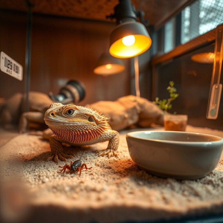 Bearded dragon looking after a bearded dragon, poised on sand, eyeing a cricket near a ceramic dish in a cozy terrarium.