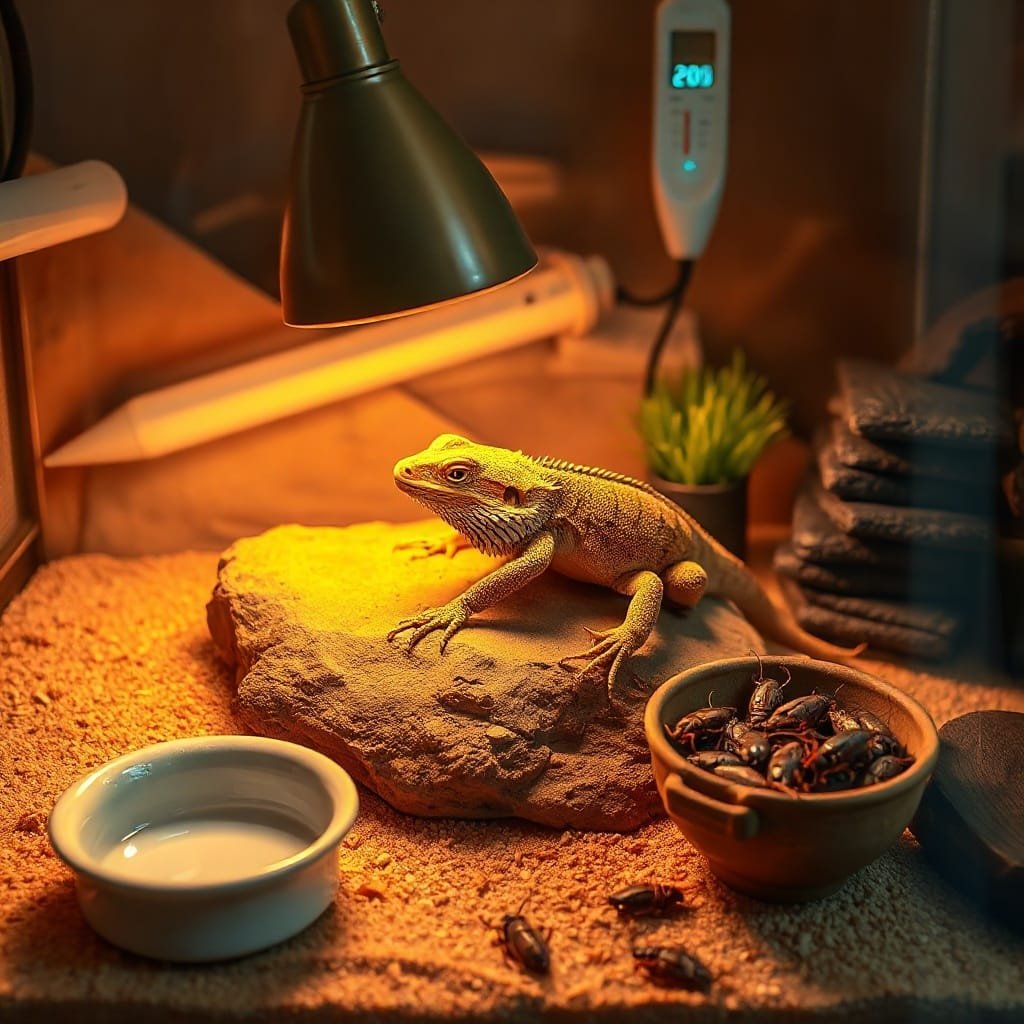 A bearded dragon basks under a lamp, with water and food bowls nearby, showcasing care in looking after a bearded dragon.