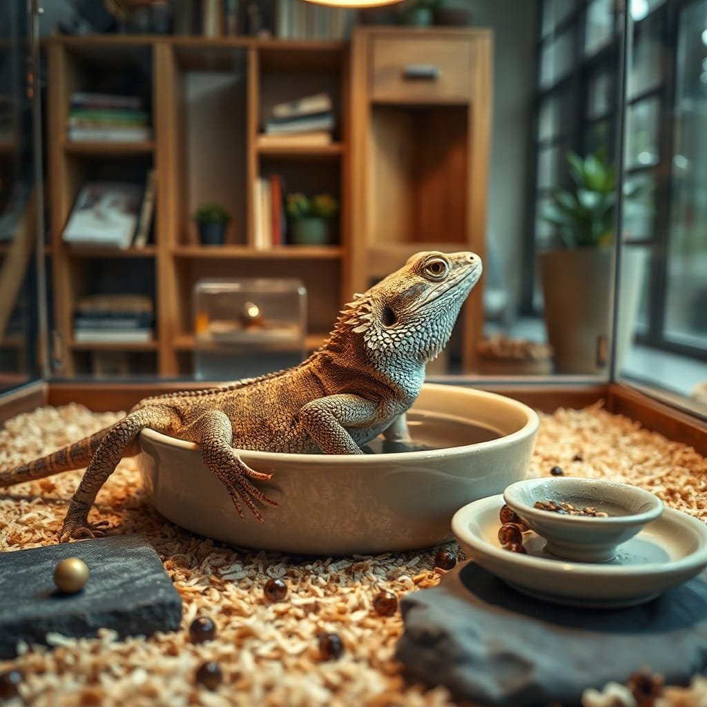 A bearded dragon soaking in a warm dish, scales glistening, while looking after a bearded dragon in a cozy terrarium.