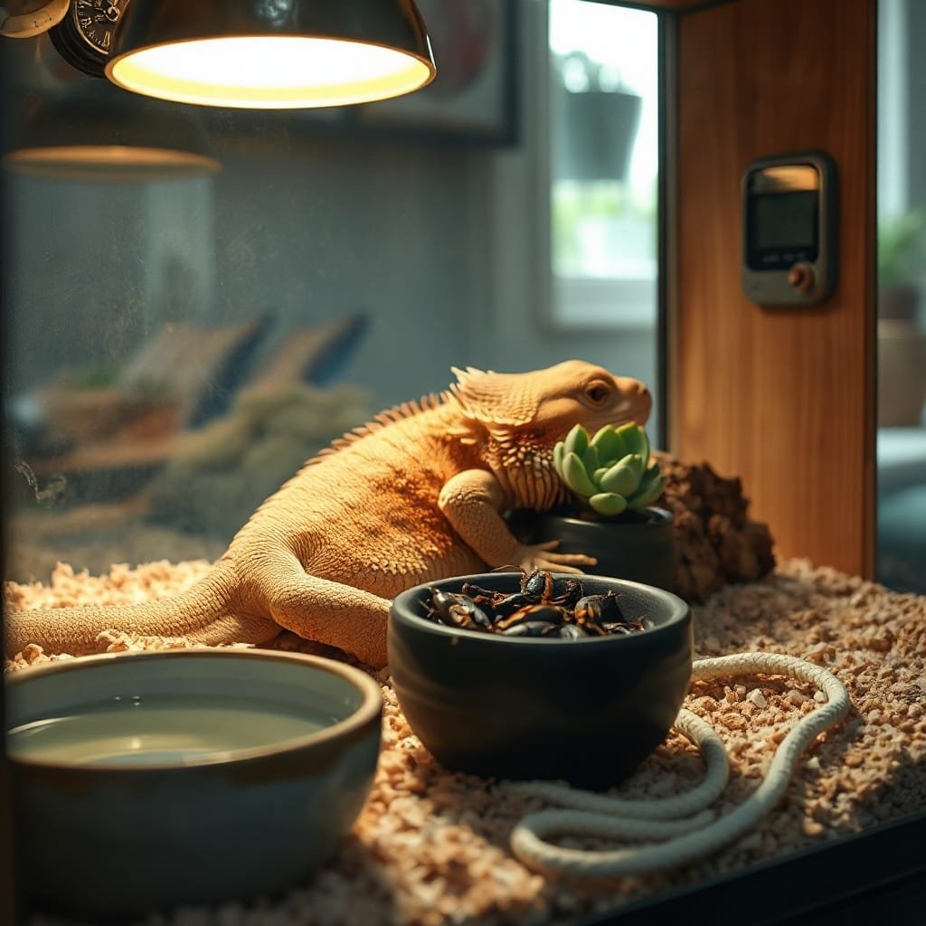 A bearded dragon in brumation under cork bark, with water dish and feeding bowl nearby, showcasing care in looking after a bearded dragon.