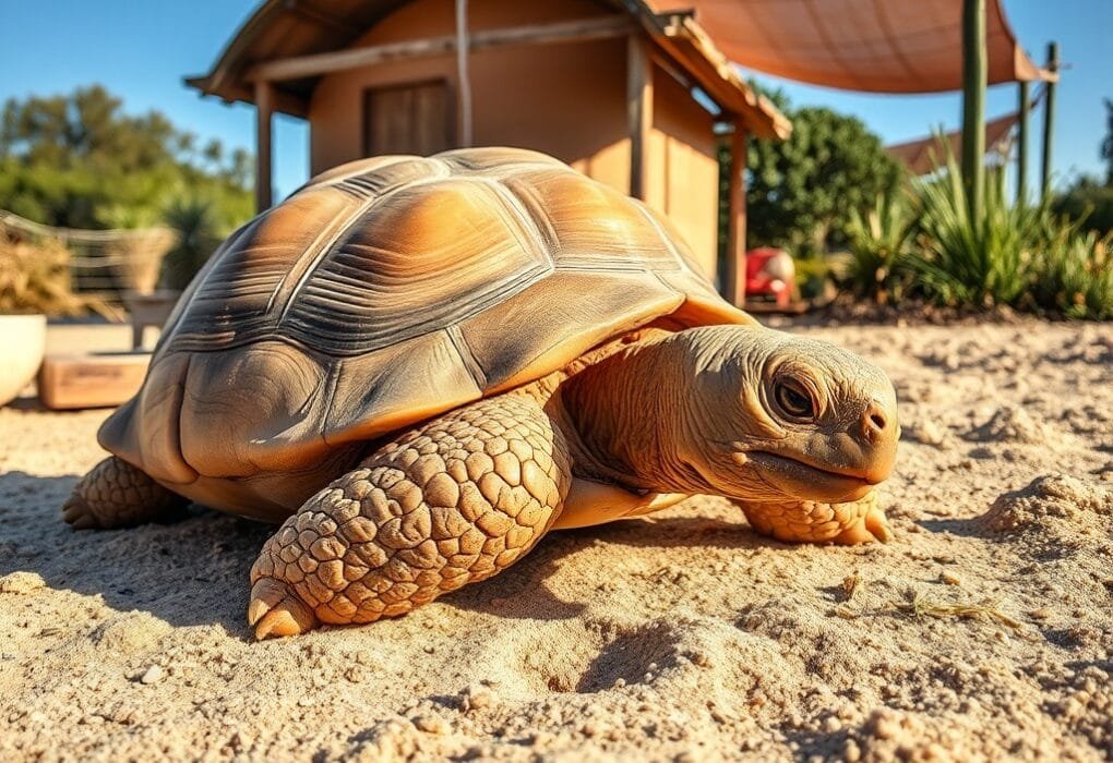 Close-up of a sun-warmed sulcata tortoise on sandy substrate, with a water bowl and basking platform in a serene setting.