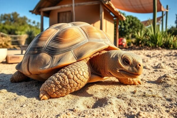 Close-up of a sun-warmed sulcata tortoise on sandy substrate, with a water bowl and basking platform in a serene setting.