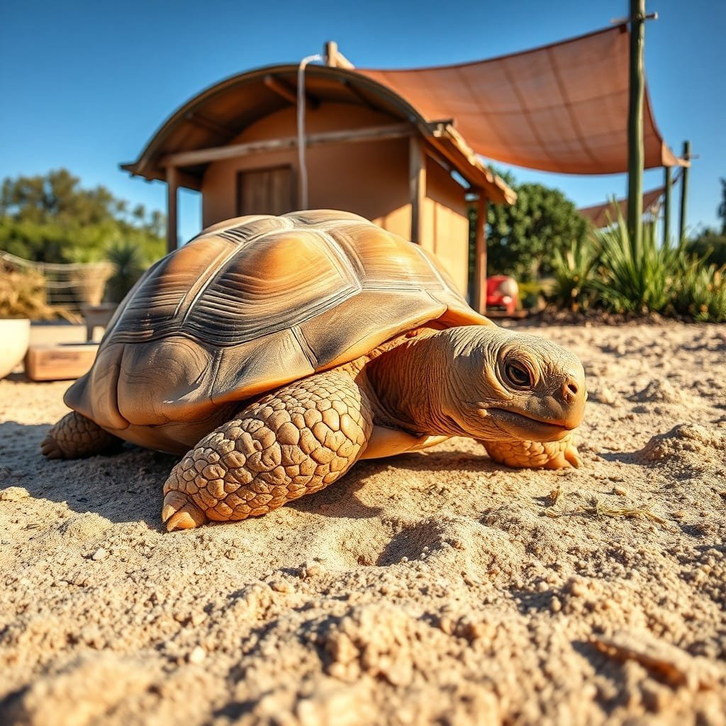 Close-up of a sun-warmed sulcata tortoise on sandy substrate, with a water bowl and basking platform in a serene setting.