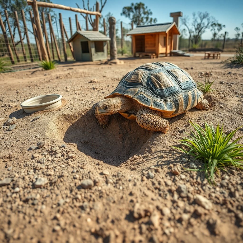 A sulcata tortoise nudges a trench revealing a buried mesh skirt, surrounded by sandy loam, stones, and grazing grasses.