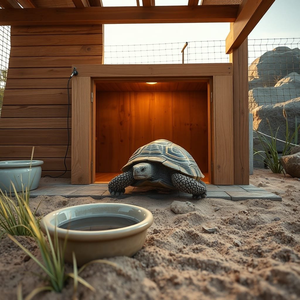 A sulcata tortoise pauses at the warmly lit entrance of a sturdy insulated house amid sandy substrate and grass tufts.