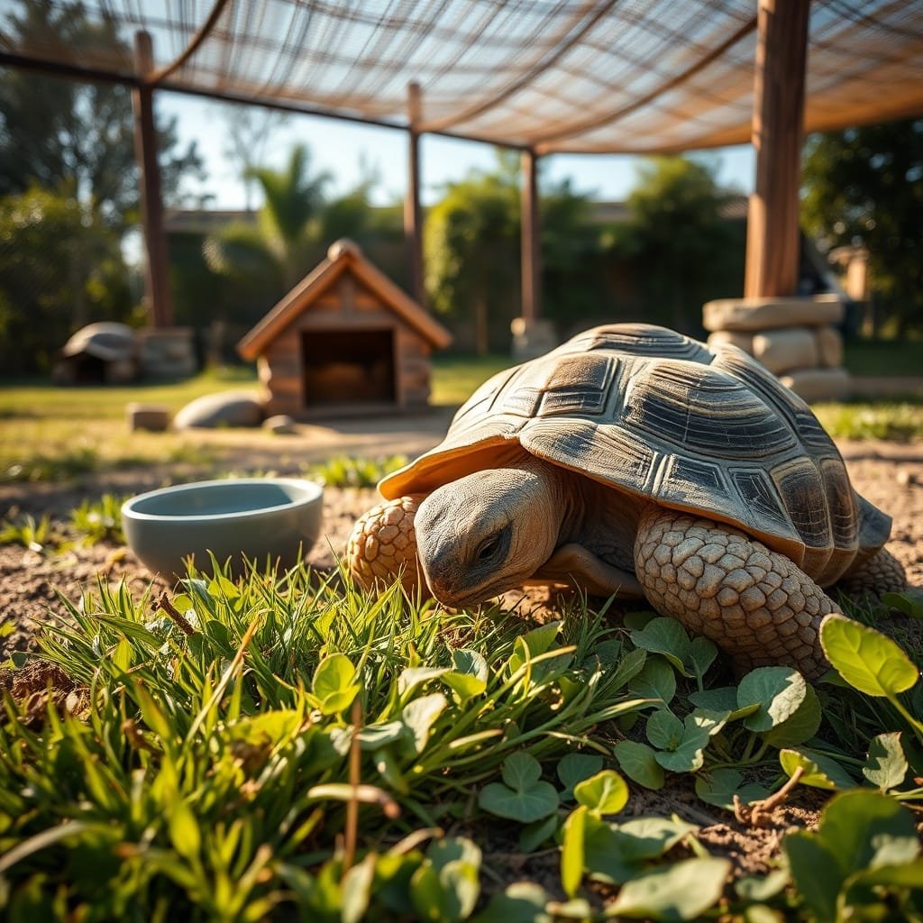 A sulcata tortoise grazes on Bermuda grass and clover near a water bowl, basking spot, and wooden house in sunlight.