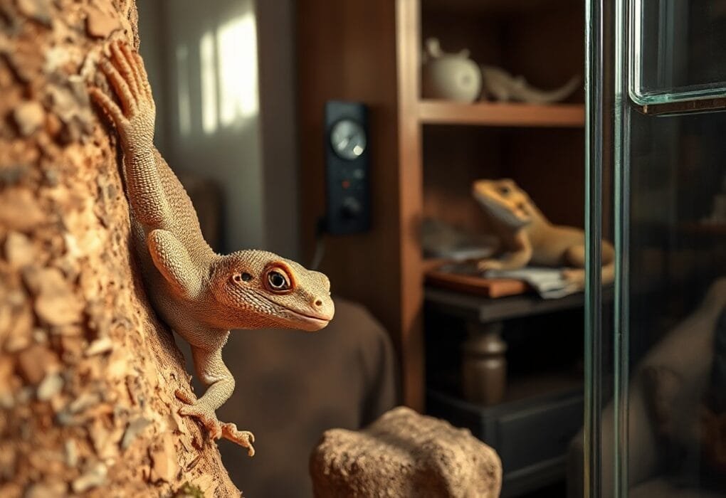 A crested gecko clings to a cork branch, showcasing its textured skin and toe pads, with a bearded dragon resting nearby.
