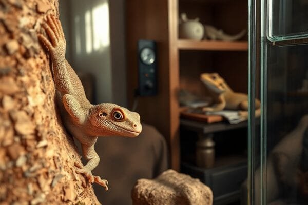 A crested gecko clings to a cork branch, showcasing its textured skin and toe pads, with a bearded dragon resting nearby.