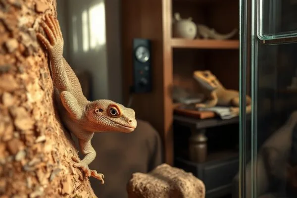 A crested gecko clings to a cork branch, showcasing its textured skin and toe pads, with a bearded dragon resting nearby.