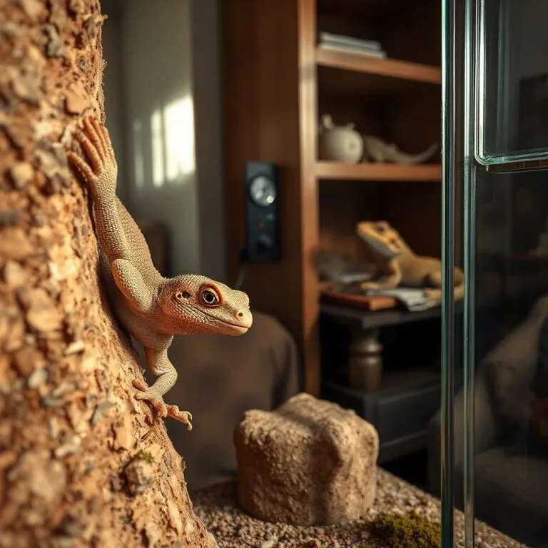 A crested gecko clings to a cork branch, showcasing its textured skin and toe pads, with a bearded dragon resting nearby.