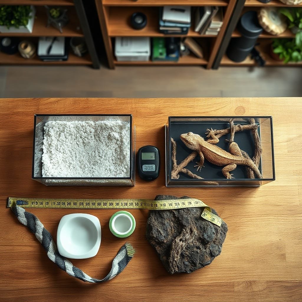 Top-down view of reptile enclosures for lizards, featuring a bearded dragon and crested gecko, with natural decor.
