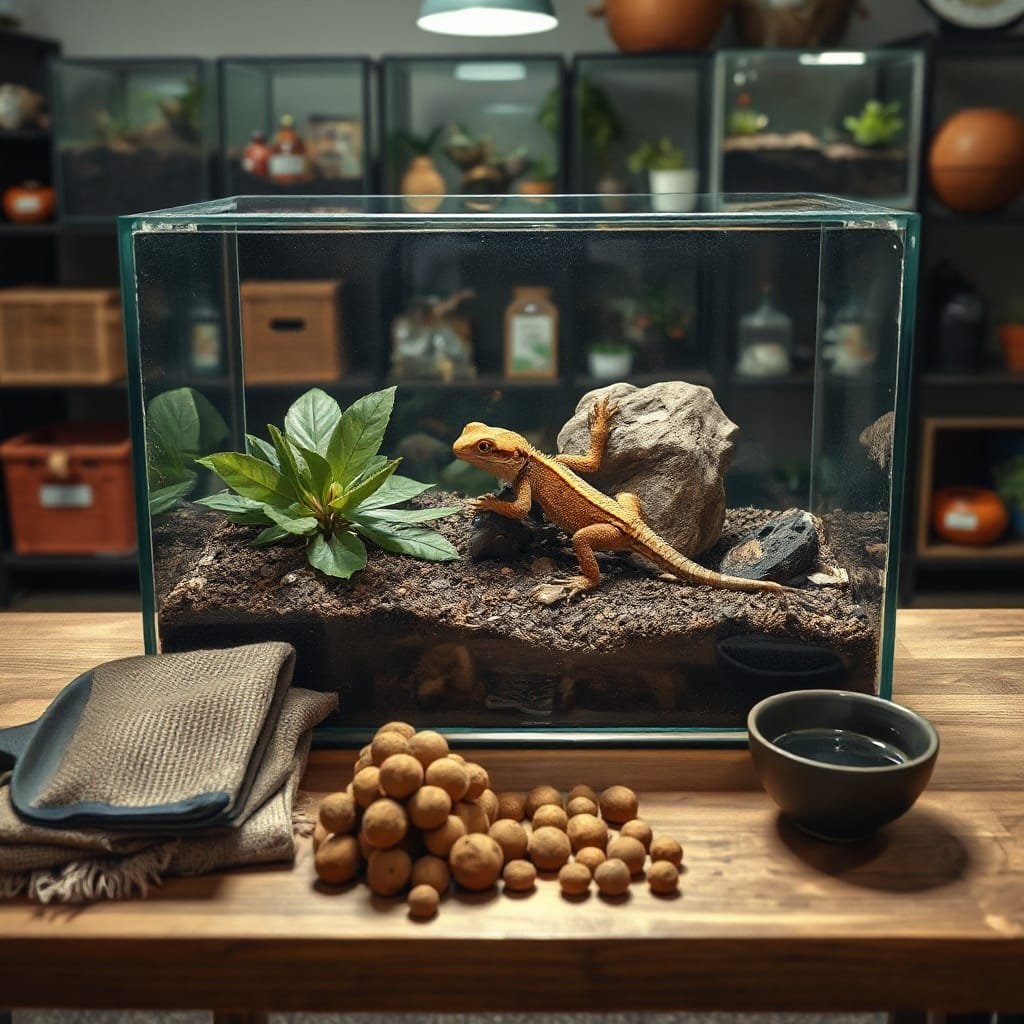 Mid-sized terrarium with layered drainage, lizards and reptiles inside, set on an oak bench with gardening tools nearby.