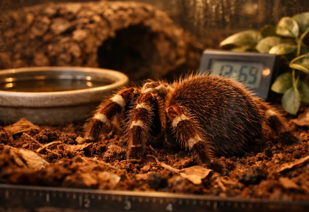 Close-up of a goliath bird eater tarantula in a terrarium, showcasing its dense setae and warm, natural substrate details.