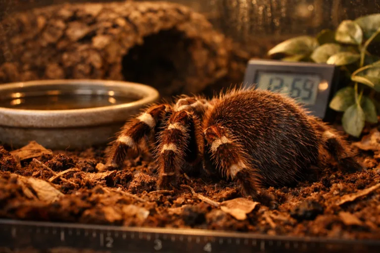 Close-up of a goliath bird eater tarantula in a terrarium, showcasing its dense setae and warm, natural substrate details.