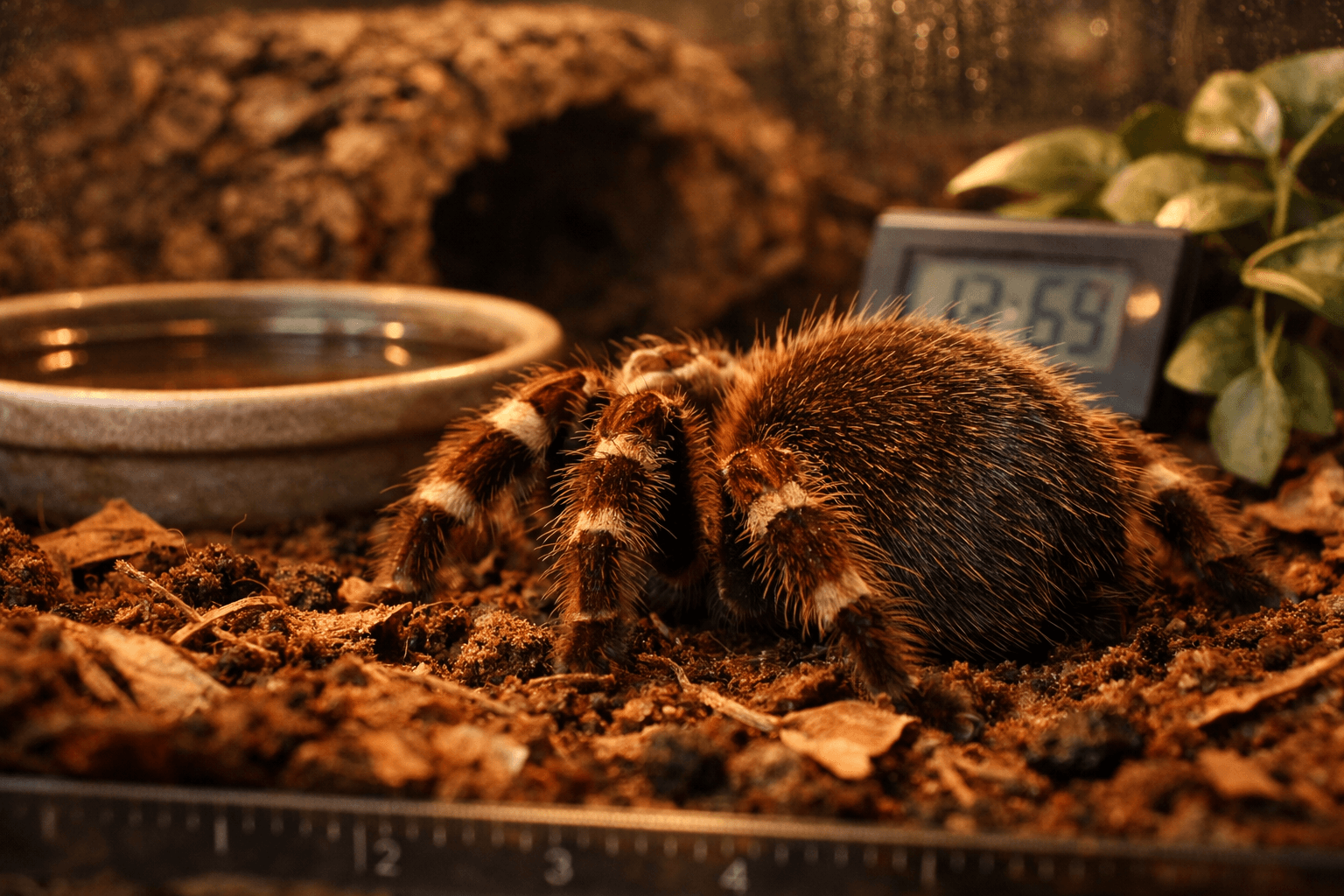 Close-up of a goliath bird eater tarantula in a terrarium, showcasing its dense setae and warm, natural substrate details.