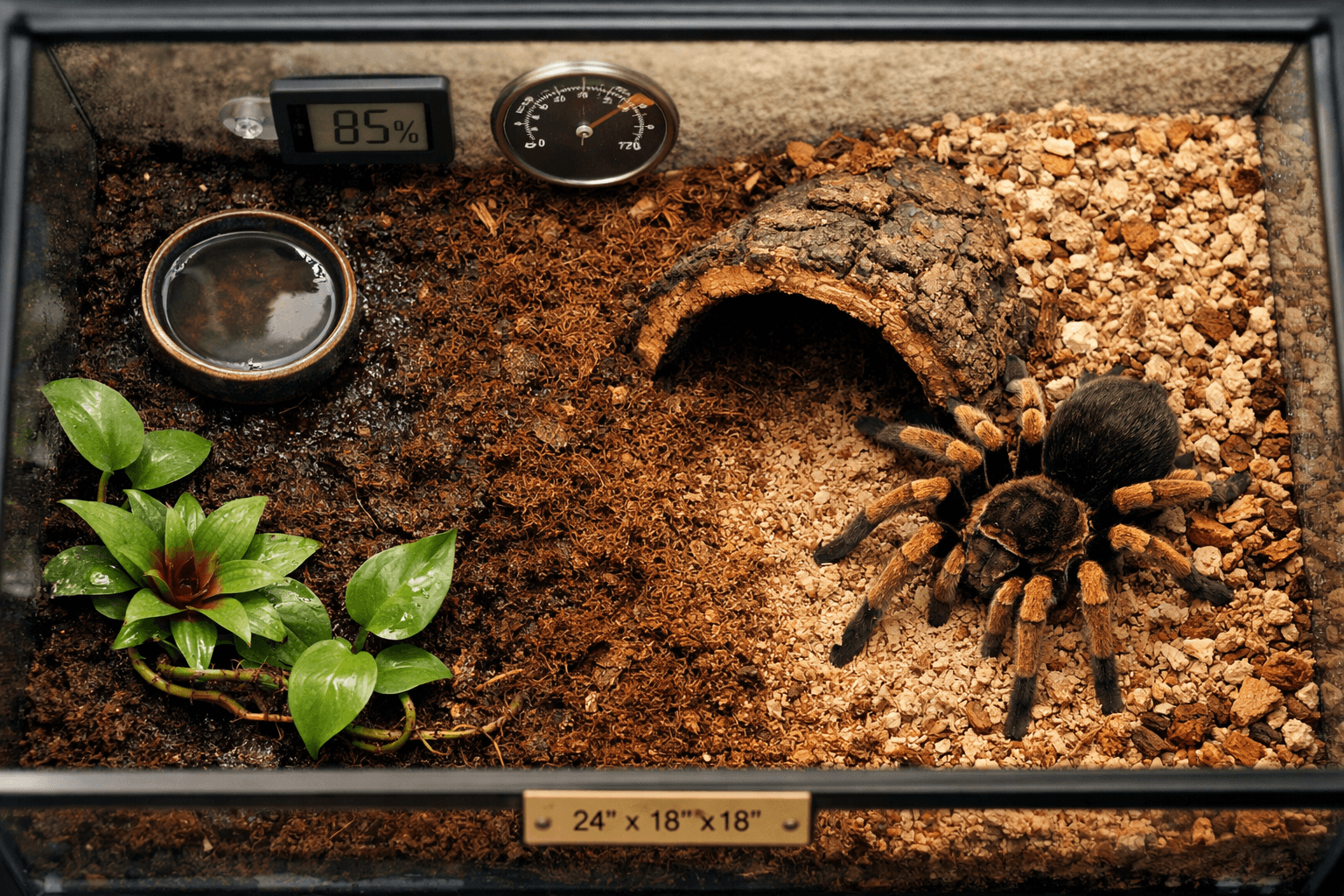 Overhead view of a goliath bird eater tarantula terrarium with moisture gradient, plants, and temperature gauges.
