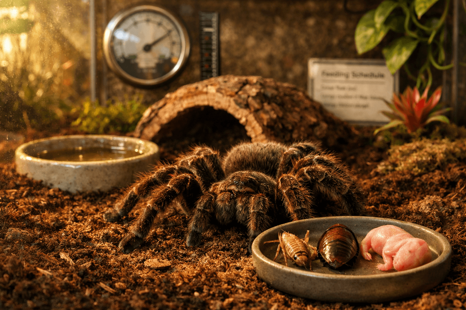 A calm goliath bird eater tarantula on dark substrate, with prey options and a naturalistic terrarium backdrop.