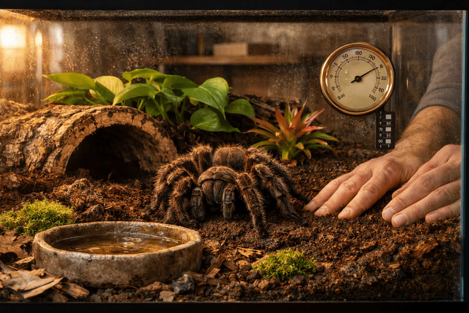 A goliath bird eater tarantula perches on dark substrate in a bioactive terrarium, illuminated by warm afternoon light.