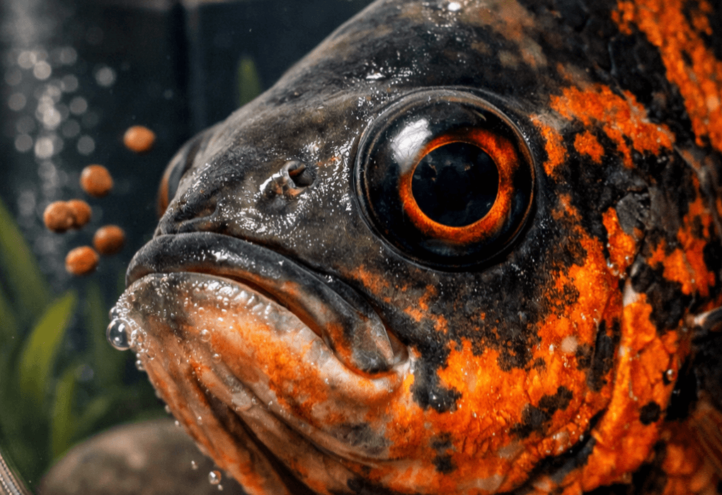 Extreme close-up of a tiger oscar cichlid's head, showcasing iridescent scales and a large eye against a soft background.