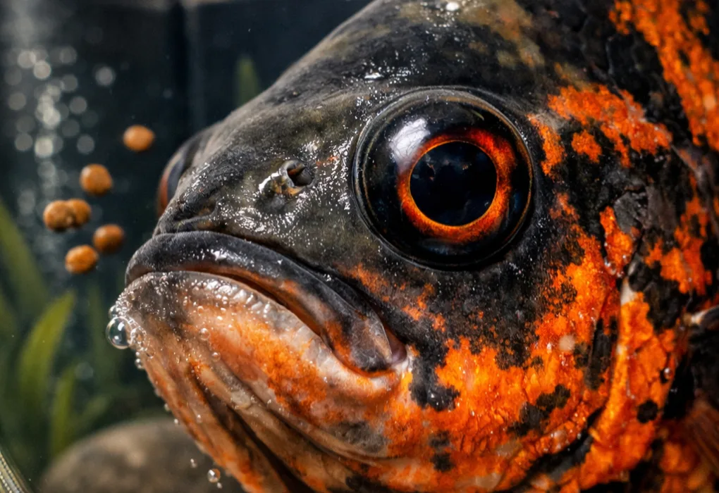 Extreme close-up of a tiger oscar cichlid's head, showcasing iridescent scales and a large eye against a soft background.
