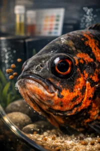 Extreme close-up of a tiger oscar cichlid's head, showcasing iridescent scales and a large eye against a soft background.