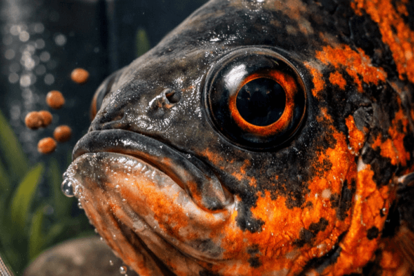 Extreme close-up of a tiger oscar cichlid's head, showcasing iridescent scales and a large eye against a soft background.