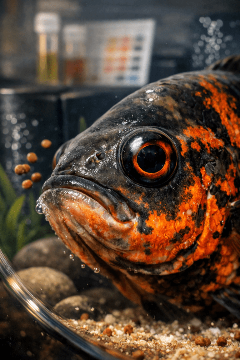 Extreme close-up of a tiger oscar cichlid's head, showcasing iridescent scales and a large eye against a soft background.