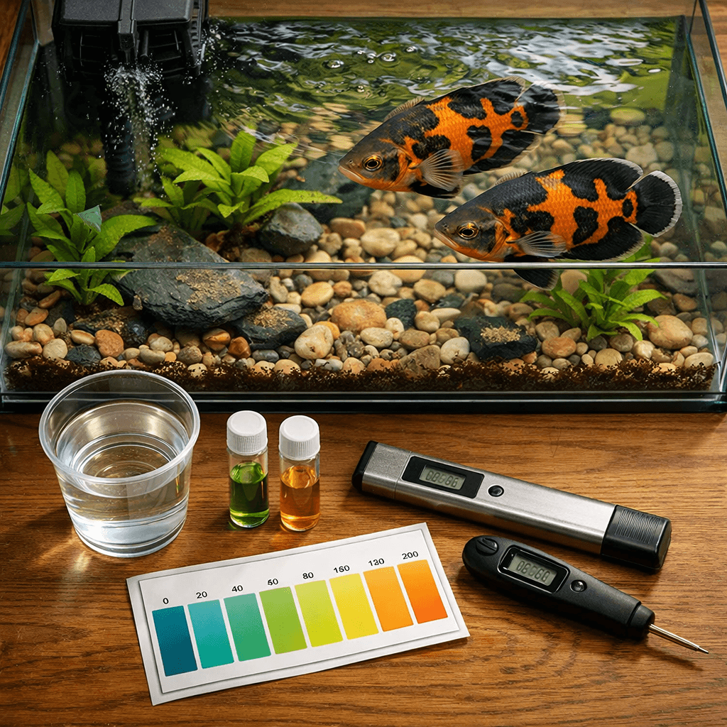 Top-down view of an aquarium workstation with tiger oscar cichlids swimming, surrounded by testing tools and plants.