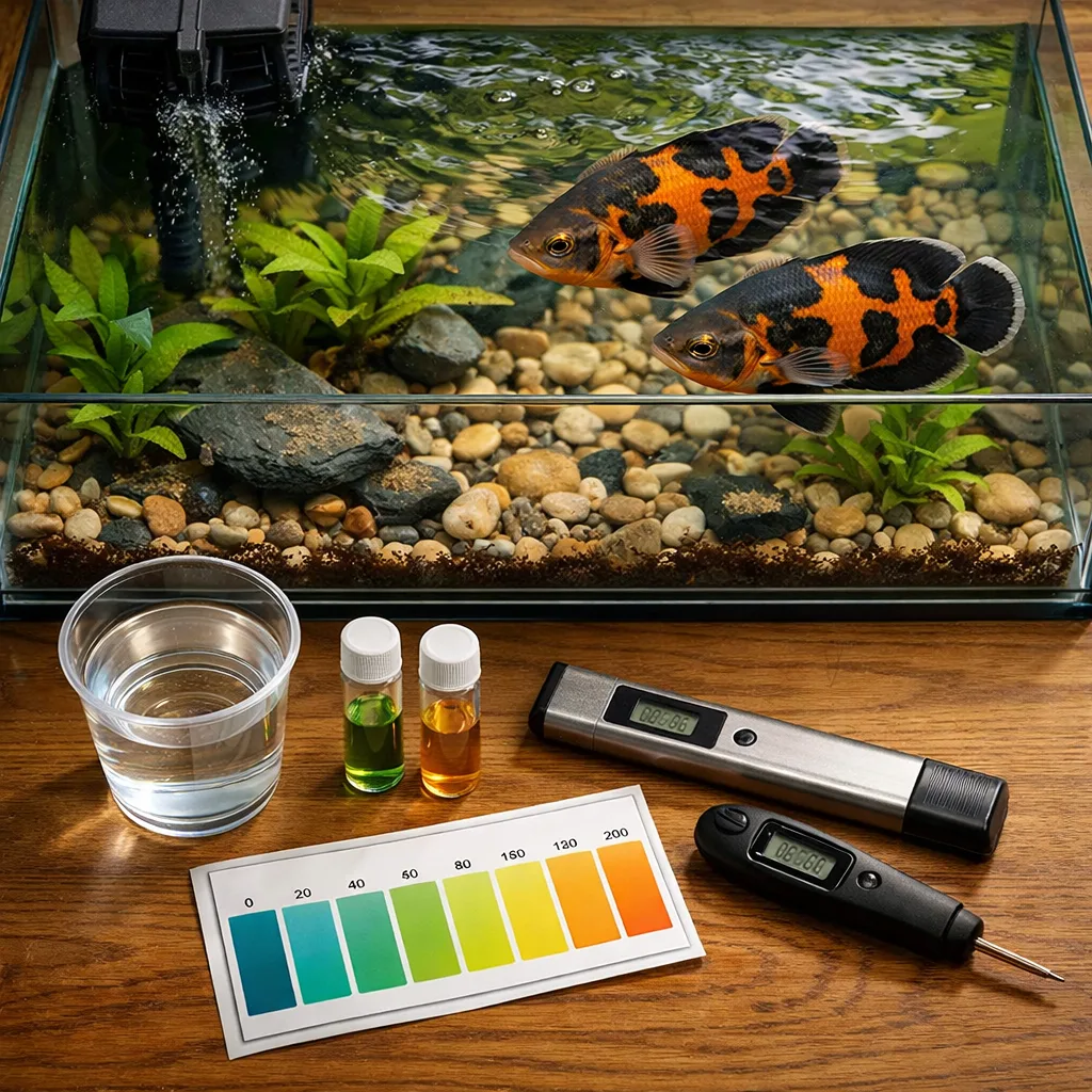 Top-down view of an aquarium workstation with tiger oscar cichlids swimming, surrounded by testing tools and plants.