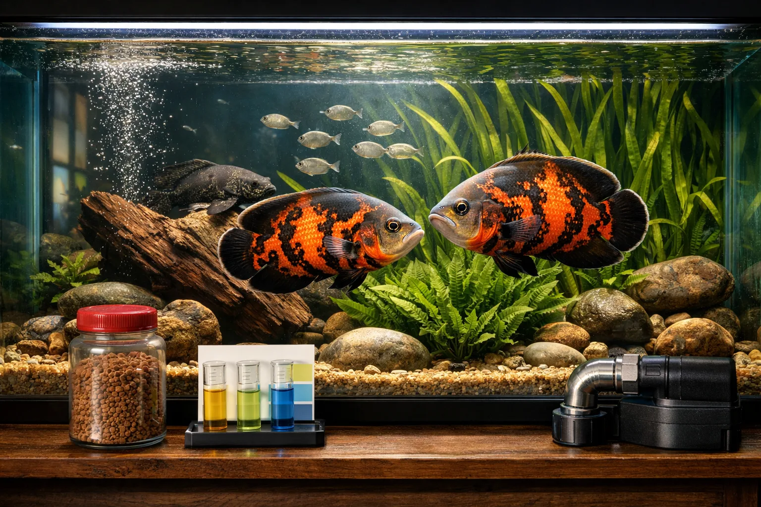 A vibrant aquarium scene featuring tiger oscar cichlids, lush plants, and a wooden shelf with fish care tools.