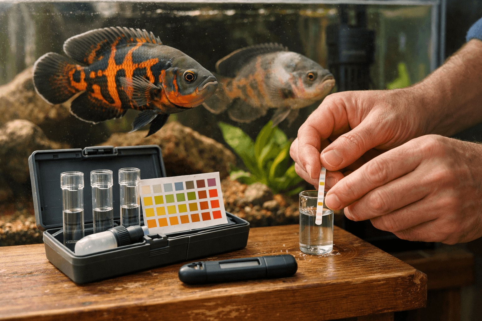 Adult hands test aquarium water near two tiger oscar cichlids, one healthy and one showing early signs of illness.
