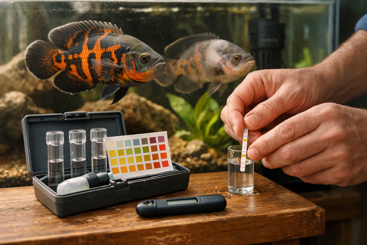 Adult hands test aquarium water near two tiger oscar cichlids, one healthy and one showing early signs of illness.