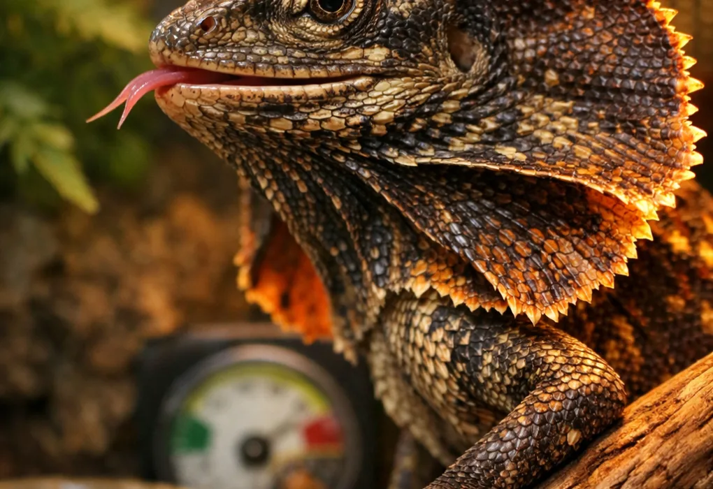 Extreme macro shot of a flared neck lizard's head in a terrarium, showcasing detailed scales and vibrant habitat colors.