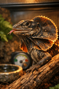 Extreme macro shot of a flared neck lizard's head in a terrarium, showcasing detailed scales and vibrant habitat colors.