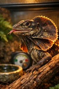 Extreme macro shot of a flared neck lizard's head in a terrarium, showcasing detailed scales and vibrant habitat colors.