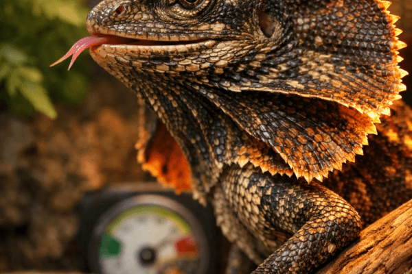 Extreme macro shot of a flared neck lizard's head in a terrarium, showcasing detailed scales and vibrant habitat colors.
