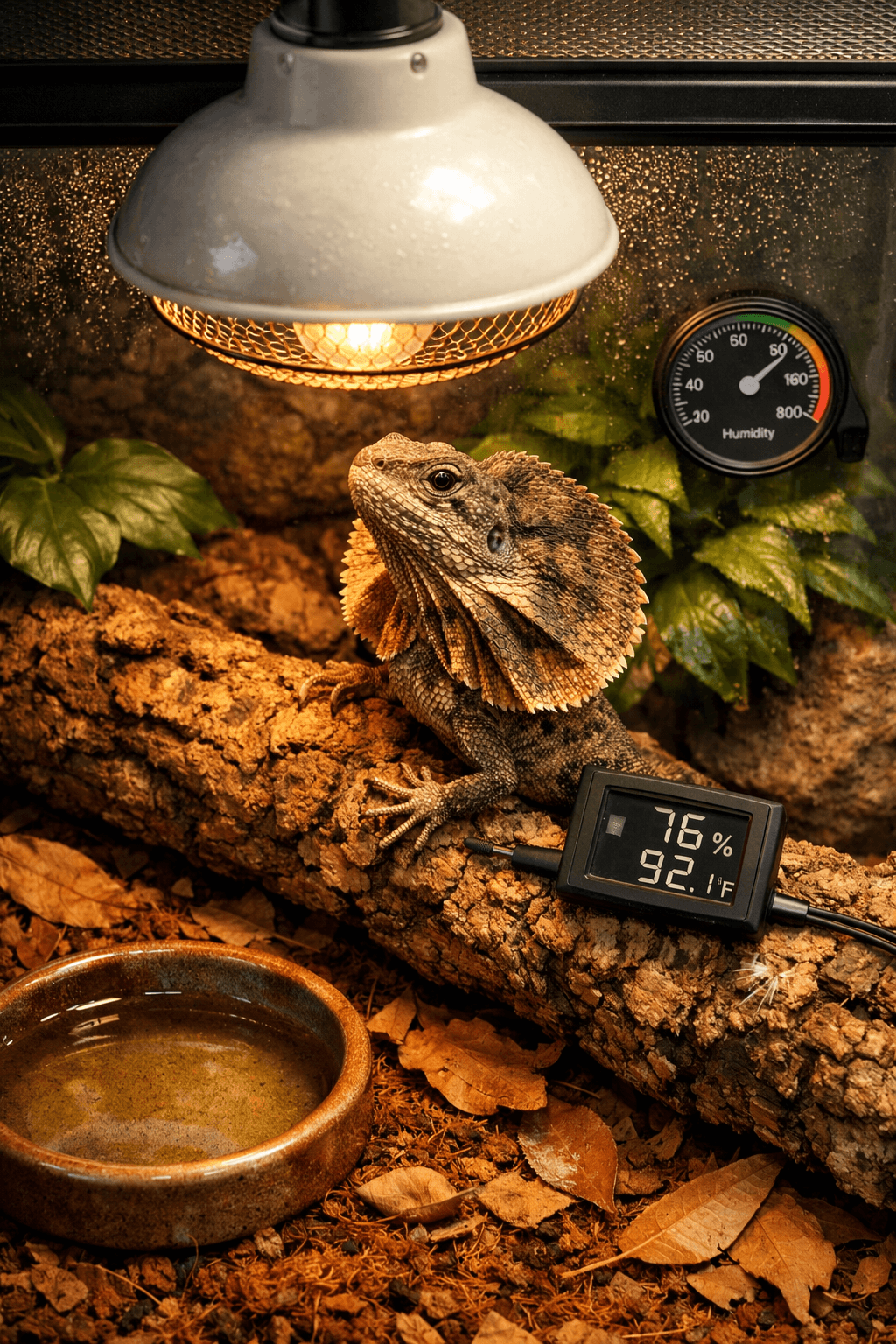 Open terrarium with a flared neck lizard on cork, basking under a dome; warm colors and humid atmosphere.