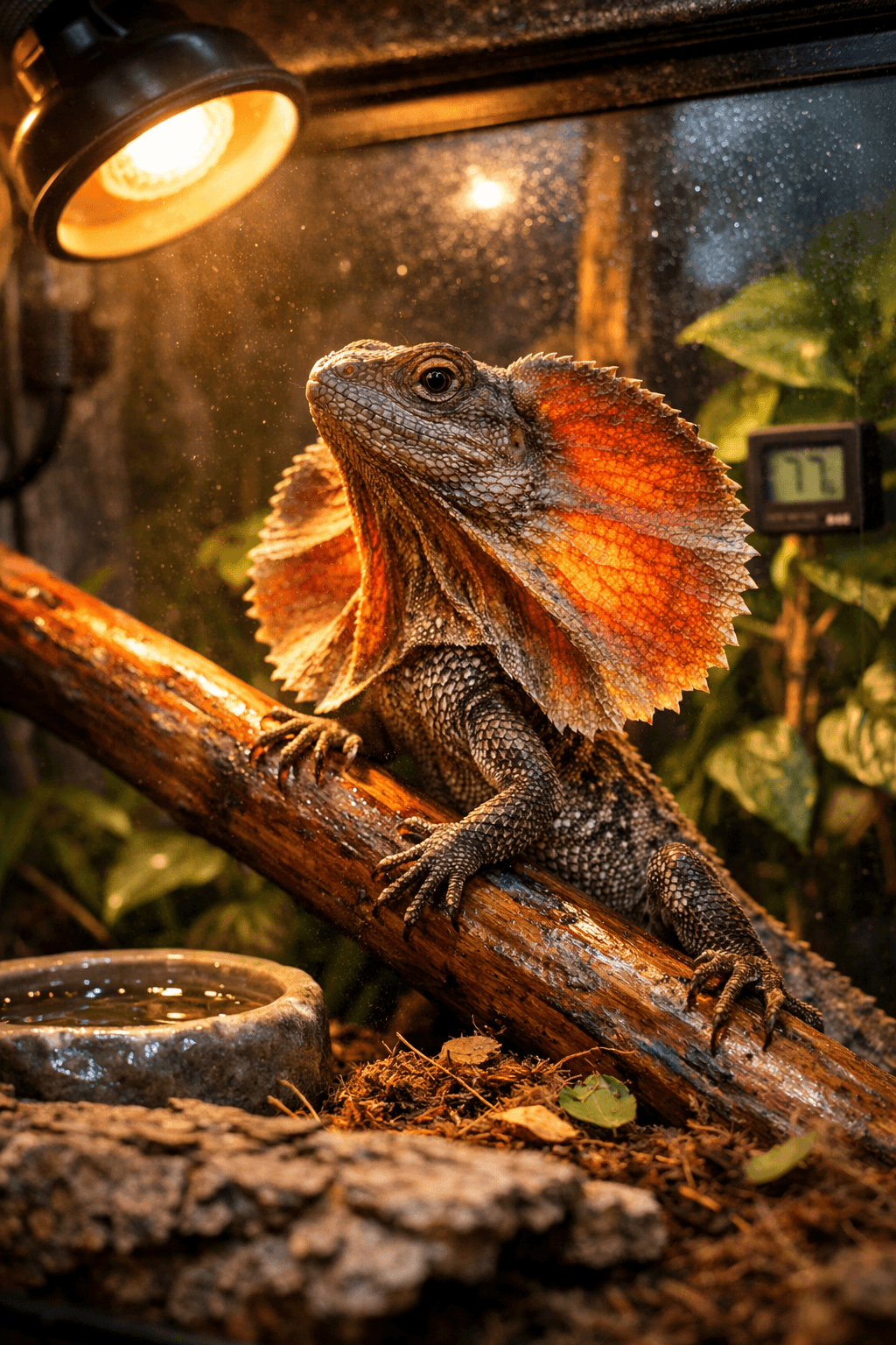 Adult flared neck lizard perched on a branch in a terrarium, illuminated by warm light, showcasing its vibrant frill.