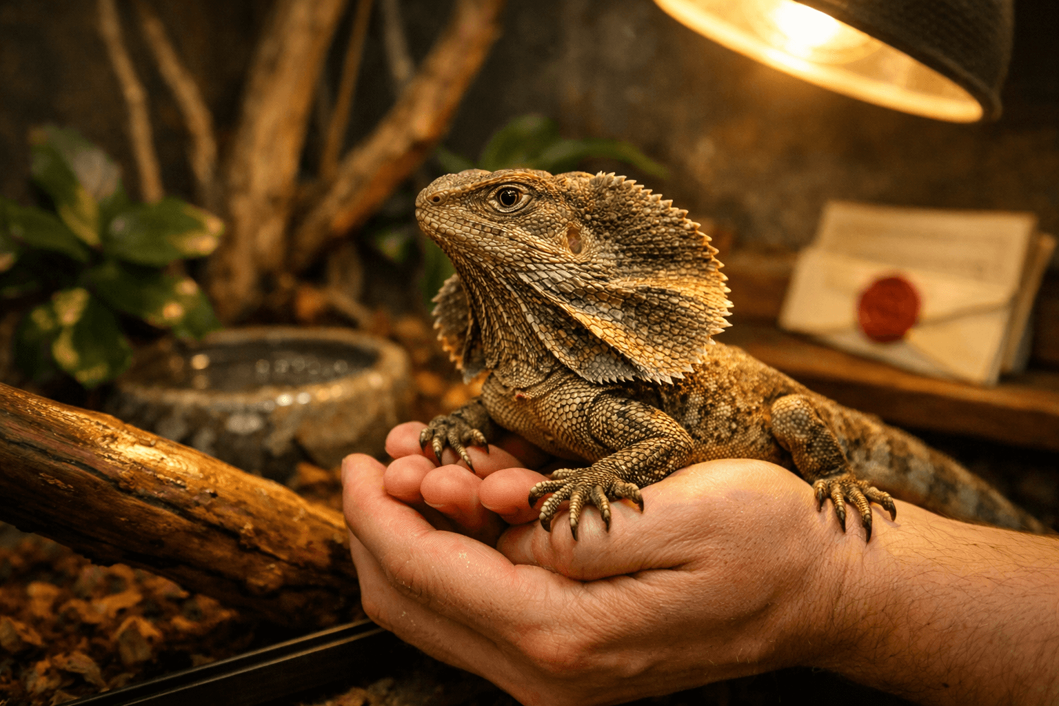 A calm moment with a flared neck lizard perched in gentle hands, warm light highlighting its textured scales and frill.