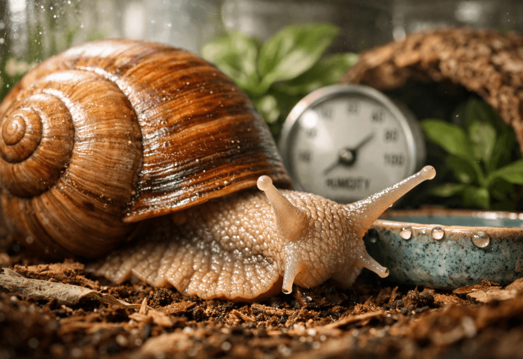 Close-up of an African giant land snail in a terrarium, showcasing its amber shell and glistening tentacles.