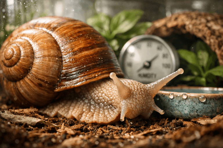 Close-up of an African giant land snail in a terrarium, showcasing its amber shell and glistening tentacles.