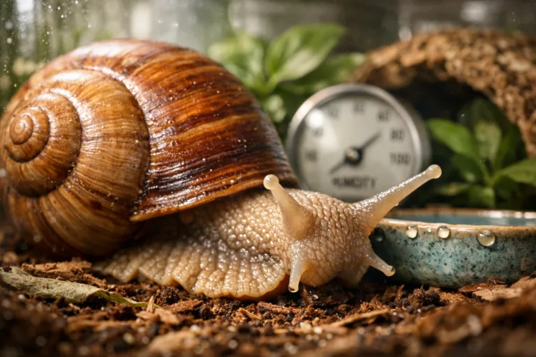 Close-up of an African giant land snail in a terrarium, showcasing its amber shell and glistening tentacles.
