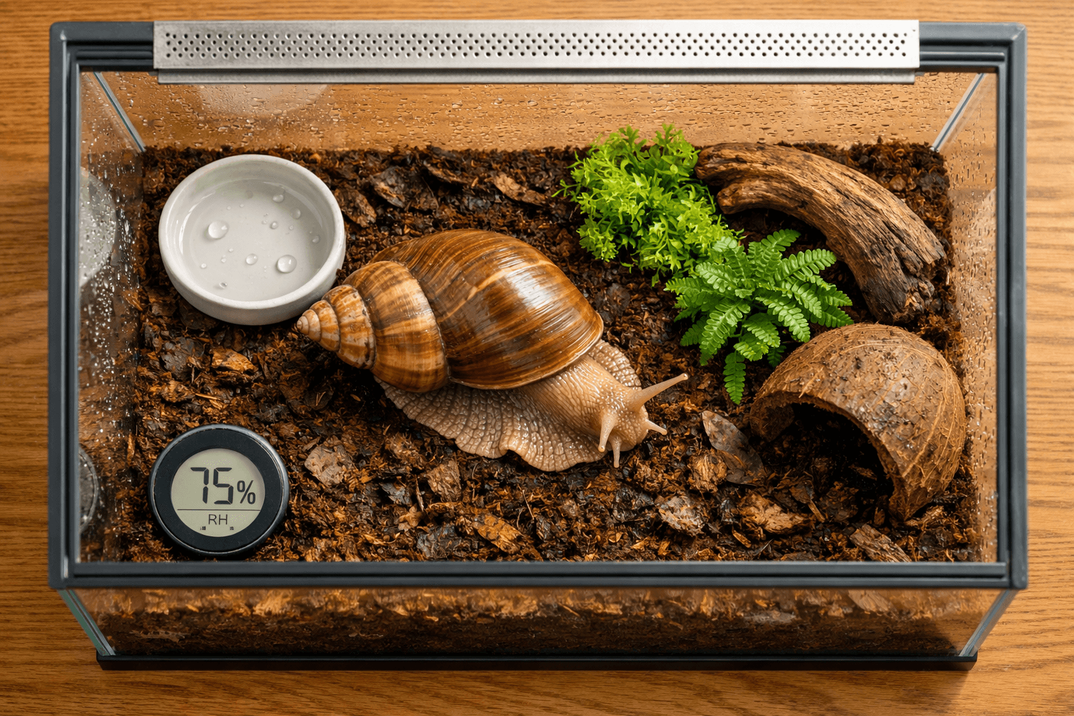 Overhead view of a terrarium with an african giant land snail, coconut coir, moss, and a ceramic water dish on oak.