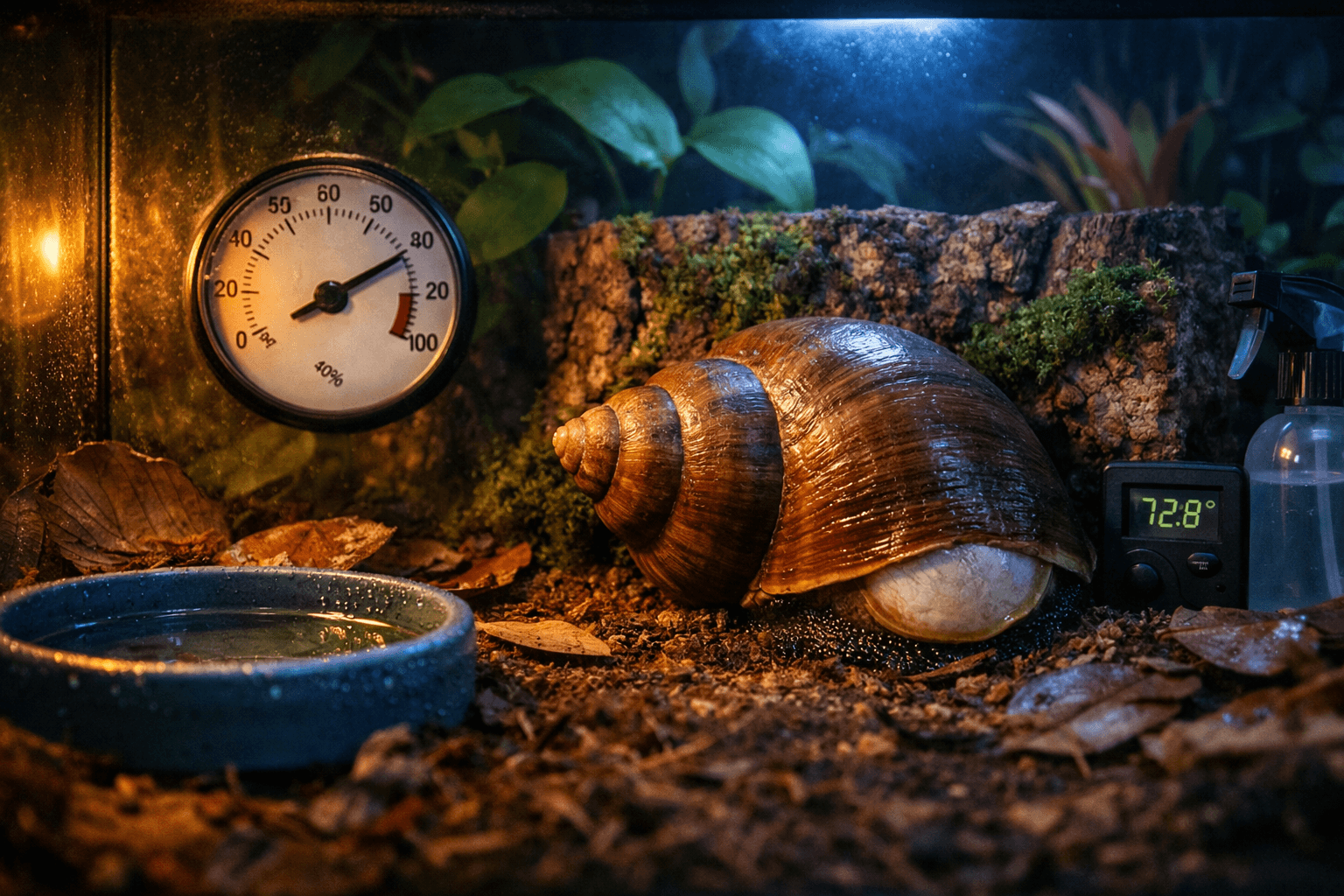 A serene terrarium scene features an african giant land snail estivating, surrounded by lush plants and soft, diffused lighting.