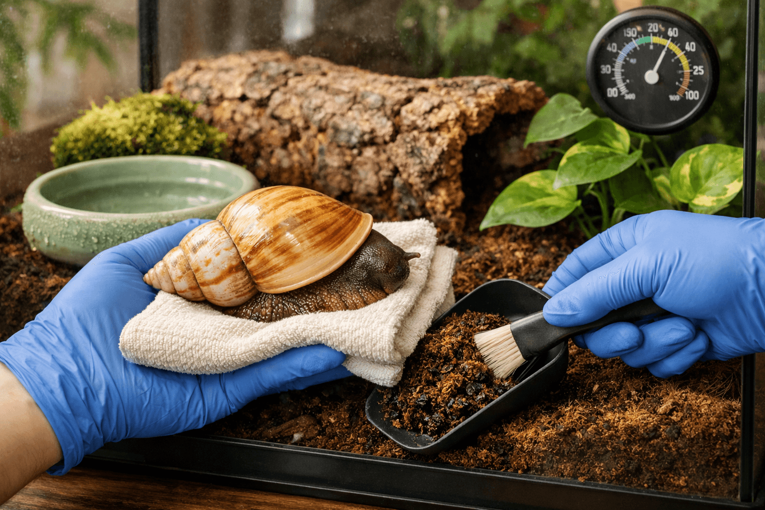 Gloved hands gently lift an African giant land snail onto a clean towel, surrounded by a lush terrarium scene.