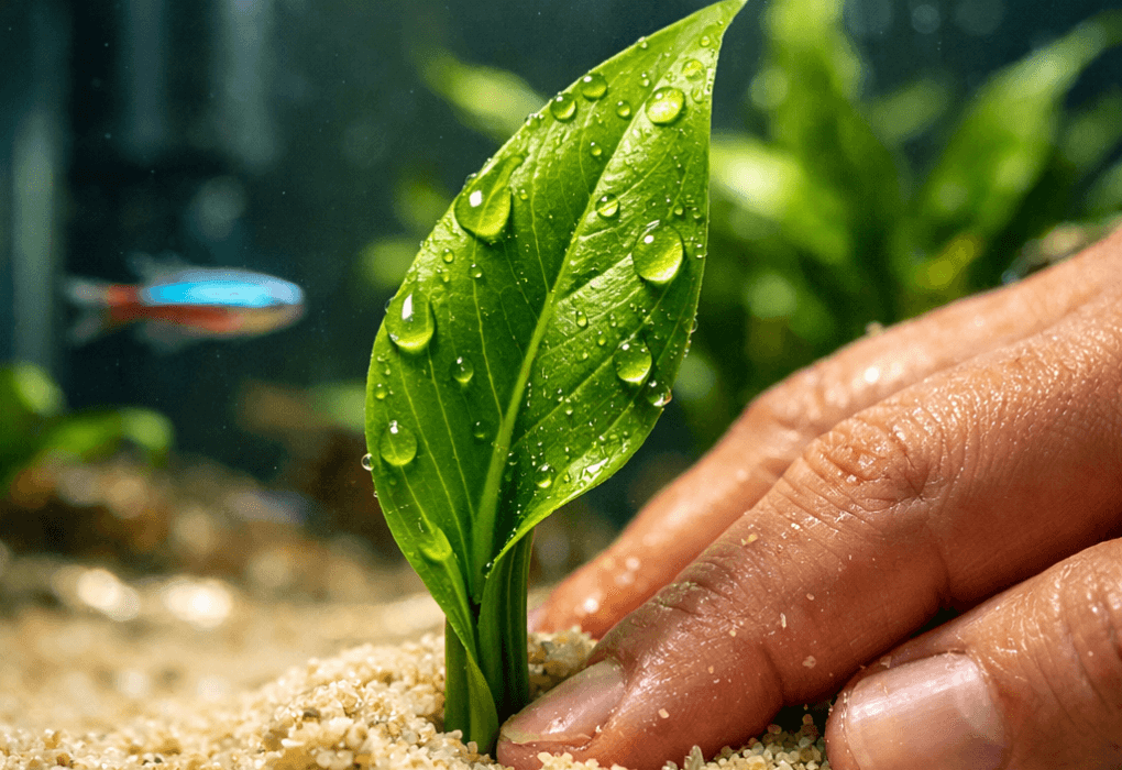 Extreme macro shot of aquarium plants for fish tank, showcasing glossy green leaves, water droplets, and gentle hand placement.