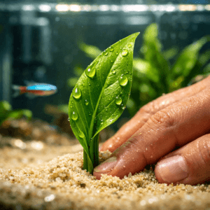 Extreme macro shot of aquarium plants for fish tank, showcasing glossy green leaves, water droplets, and gentle hand placement.