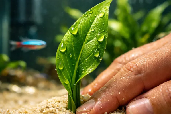 Extreme macro shot of aquarium plants for fish tank, showcasing glossy green leaves, water droplets, and gentle hand placement.